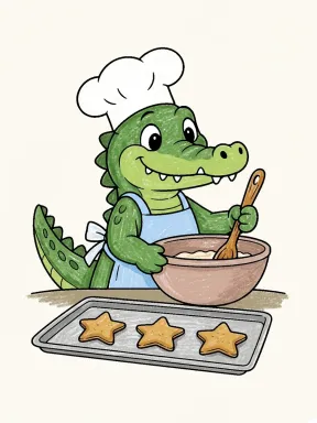 Crocodile Baking Cookies Coloring Page colored with AI in crayon style