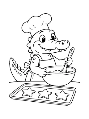 A cute crocodile baking star-shaped cookies beside a mixing bowl and wooden spoon.