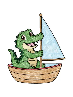 Crocodile in a Toy Sailboat Coloring Page colored with AI in crayon style