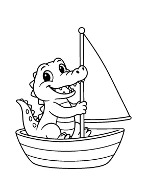 A cute crocodile sitting in a small toy sailboat with a triangular sail.