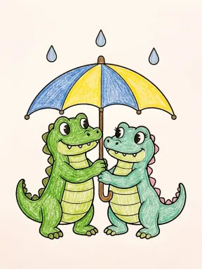 Crocodiles in the Rain Coloring Page colored with AI in crayon style
