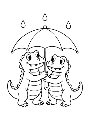 Two cute crocodiles sheltering under an open umbrella as raindrops fall.