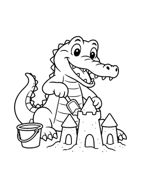 A cute crocodile building a sandcastle with a small bucket and shovel.