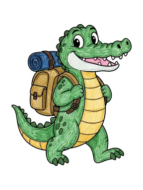 Crocodile with a Backpack Coloring Page colored with AI in crayon style