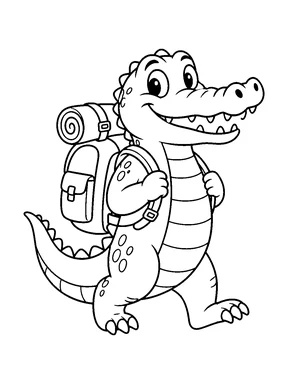 A cute crocodile carrying a backpack with a rolled blanket on top.
