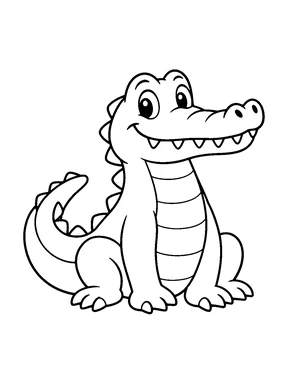 A friendly crocodile sitting with its tail curved around.