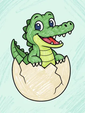 Baby Crocodile Hatching Coloring Page colored with AI in crayon style