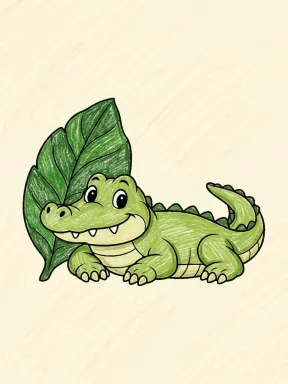 Crocodile Resting by a Leaf Coloring Page colored with AI in crayon style