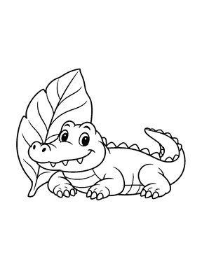 A crocodile resting beside a large leaf.