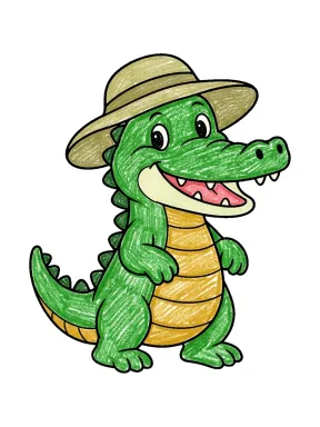 Crocodile in a Sun Hat Coloring Page colored with AI in crayon style