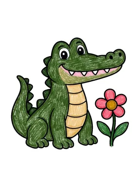 Crocodile and Flower Coloring Page colored with AI in crayon style