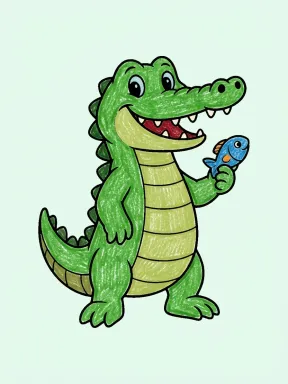 Crocodile Holding a Fish Coloring Page colored with AI in crayon style