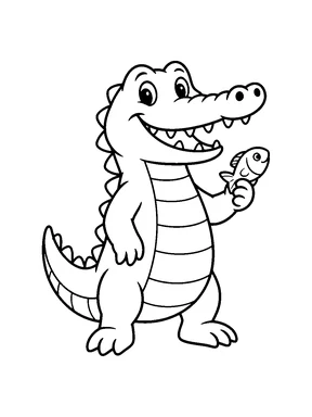 A crocodile holding a small fish.
