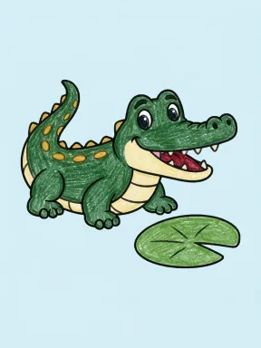 Crocodile by a Lily Pad Coloring Page colored with AI in crayon style