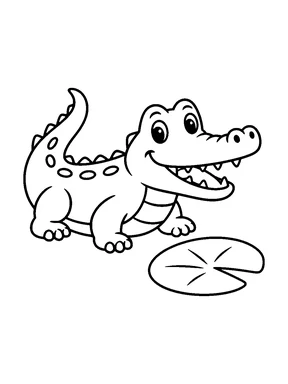 A crocodile beside a simple lily pad.