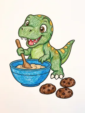 Baby T-Rex Baking Cookies Coloring Page colored with AI in crayon style