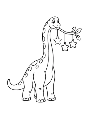 A cute brachiosaurus hanging star ornaments on a curved branch.