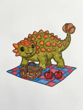 Ankylosaurus Picnic Coloring Page colored with AI in crayon style