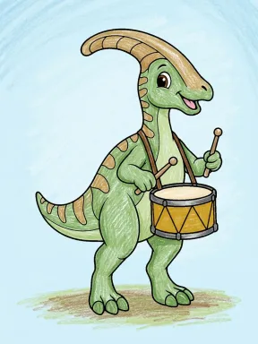 Parasaurolophus Drummer Coloring Page colored with AI in crayon style