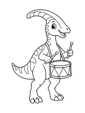 A cute parasaurolophus playing a small drum with two drumsticks.