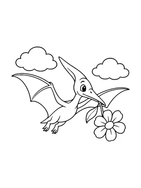 A cute pteranodon flying between two clouds while carrying a large flower.