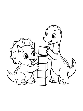 Two cute baby dinosaurs building a tower from plain blocks.