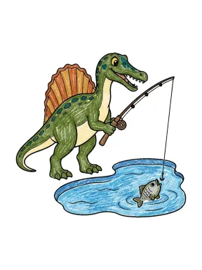 Spinosaurus Fishing Coloring Page colored with AI in crayon style