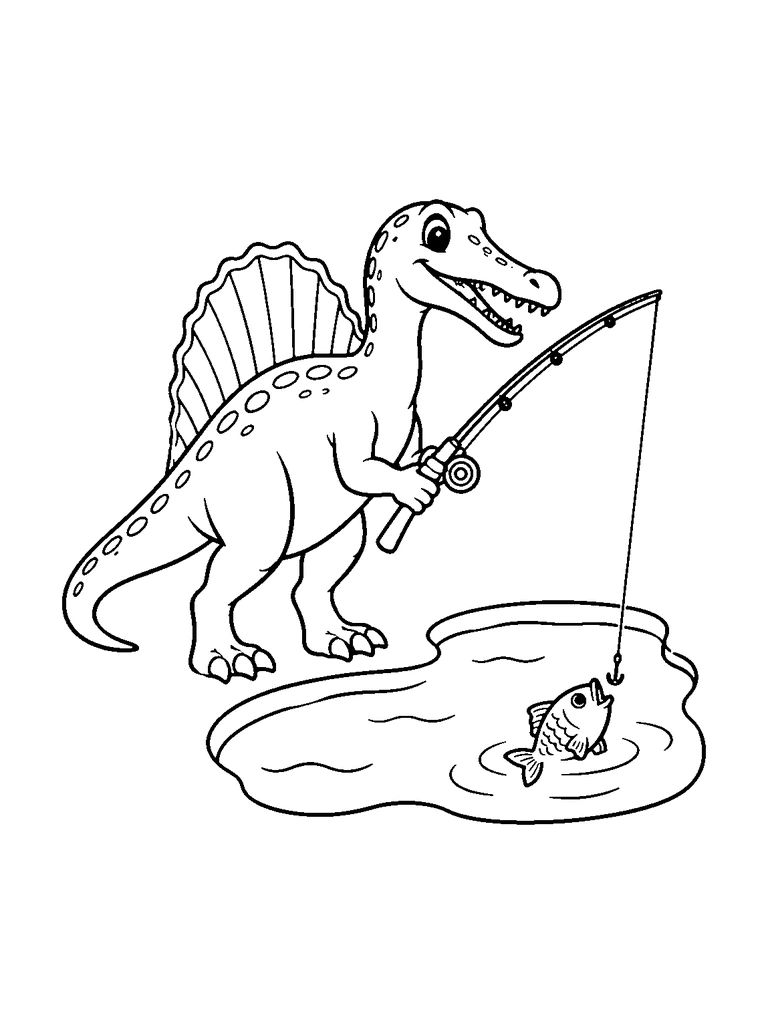 A cute spinosaurus fishing with a rod beside a small pond with a fish.