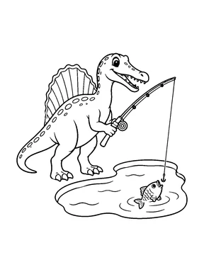 A cute spinosaurus fishing with a rod beside a small pond with a fish.