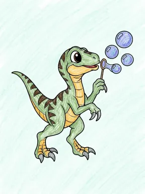 Velociraptor Blowing Bubbles Coloring Page colored with AI in crayon style