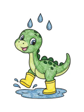 Baby Dinosaur in Rain Boots Coloring Page, colored example