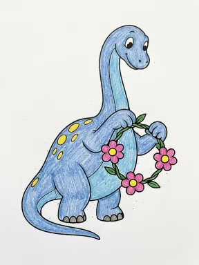 Diplodocus Flower Garland Coloring Page colored with AI in crayon style