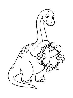 A cute diplodocus weaving flowers into a round garland.