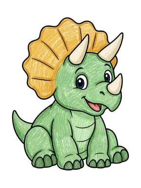 Sitting Triceratops Coloring Page colored with AI in crayon style