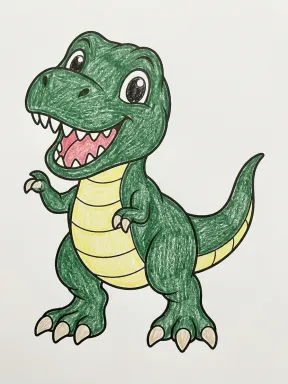 Baby T-Rex Waving Coloring Page colored with AI in crayon style