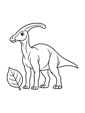 A parasaurolophus standing beside a leaf.
