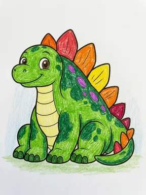 Sitting Stegosaurus Coloring Page colored with AI in crayon style