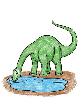 Diplodocus at a Pond Coloring Page colored with AI in crayon style