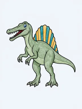 Friendly Spinosaurus Coloring Page colored with AI in crayon style