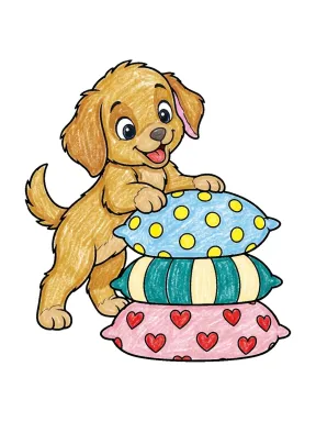 Puppy Stacking Cushions Coloring Page colored with AI in crayon style