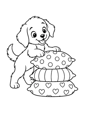 A cute puppy stacking three patterned cushions into a pile.