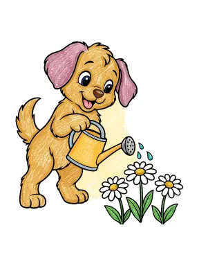 Puppy Watering Daisies Coloring Page colored with AI in crayon style