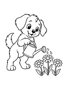 A cute puppy carrying a watering can beside three daisies.