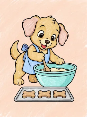 Puppy Baking Bone Cookies Coloring Page colored with AI in crayon style