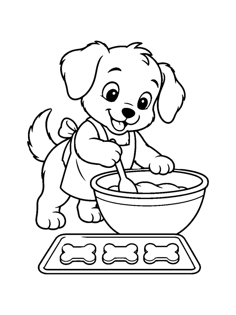 A cute puppy baking bone-shaped cookies beside a mixing bowl and wooden spoon.