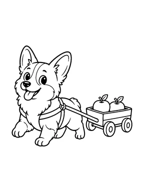 A cute corgi pulling a toy wagon with two apples inside.