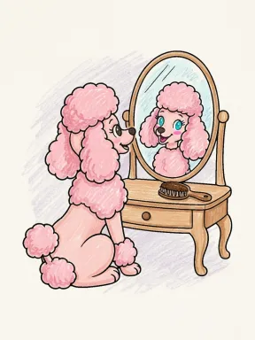 Poodle at a Vanity Mirror Coloring Page colored with AI in crayon style