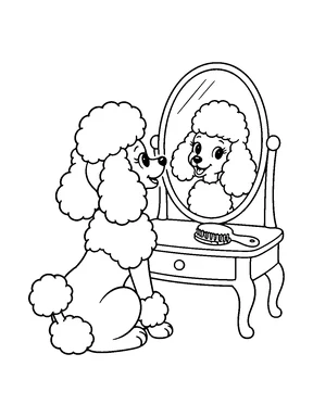 A cute poodle sitting at a small vanity with an oval mirror and a grooming brush.