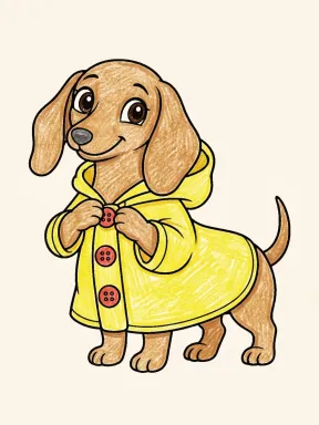 Dachshund in a Raincoat Coloring Page colored with AI in crayon style