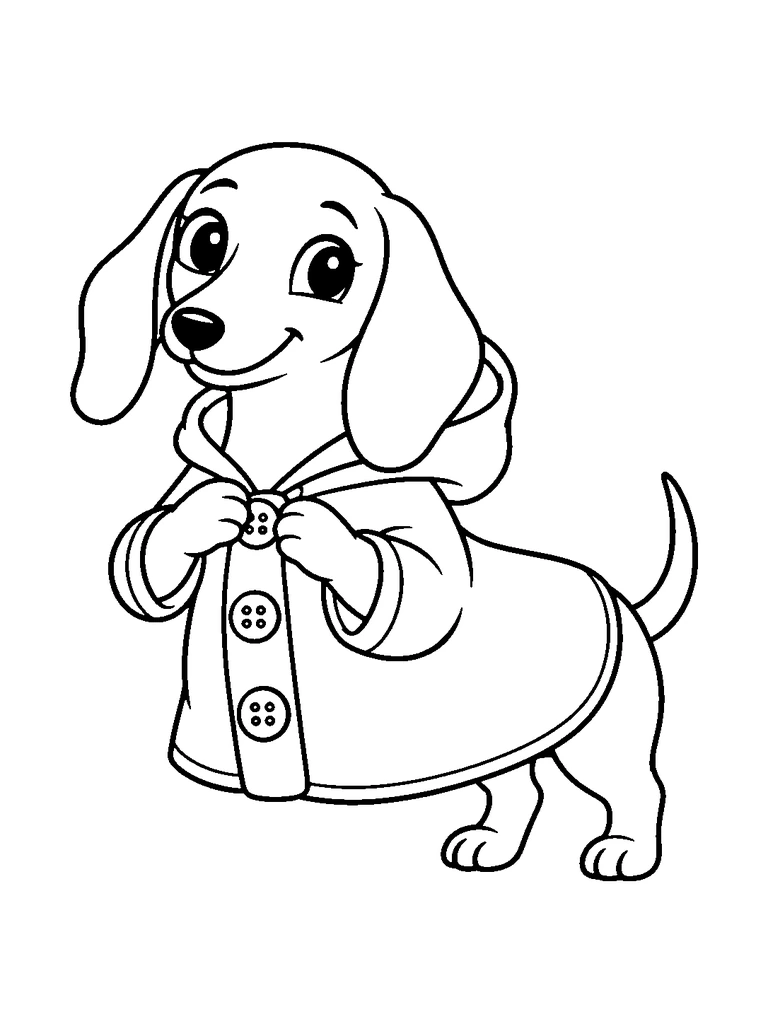 A cute dachshund buttoning up a raincoat with three large buttons.